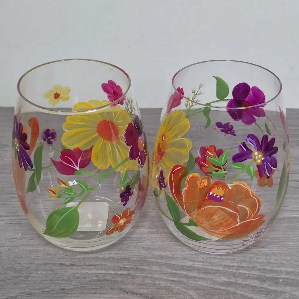 Pier 1 Stemless Wine Glasses Set of 2 Mouth Blown Painted Floral Summer Glasses